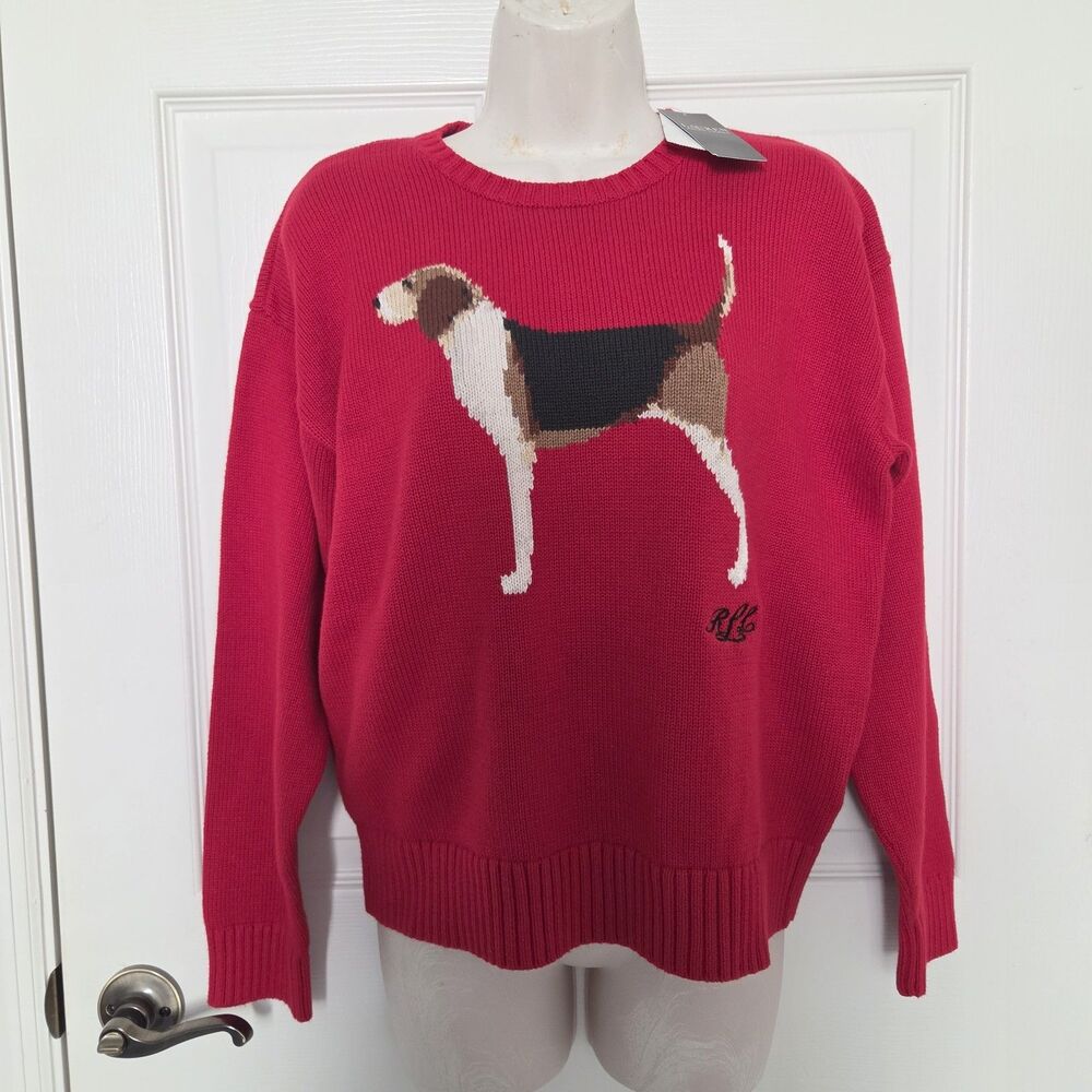 Lauren Ralph Lauren red sweater Beagle Dog Intarsia Knit Cotton  sz M New